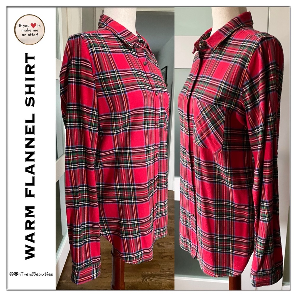 Red Plaid Warm Flannel Shirt - Picture 7 of 9